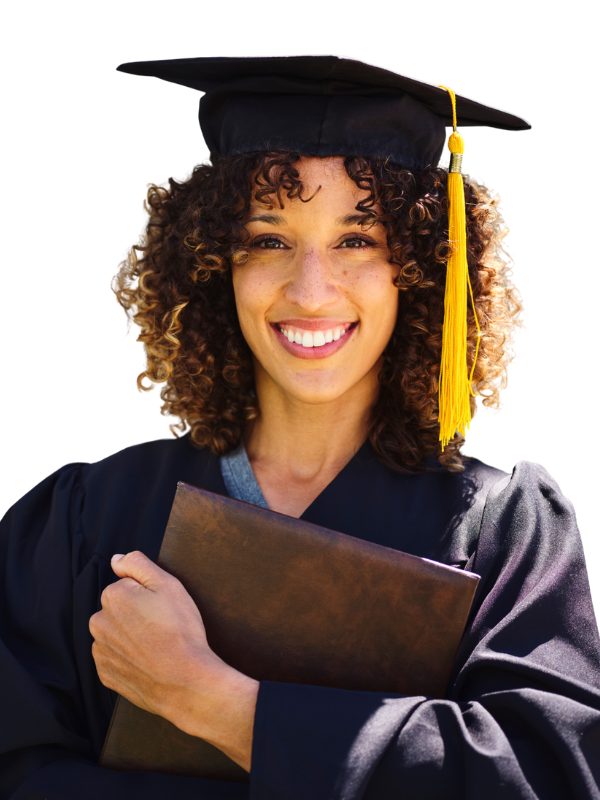 Graduate in cap and gown holding diploma