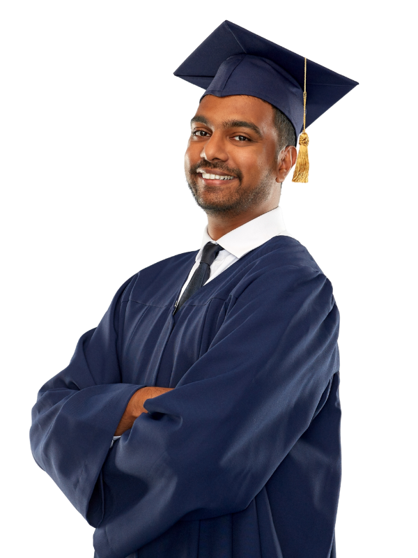 Graduate in cap and gown.