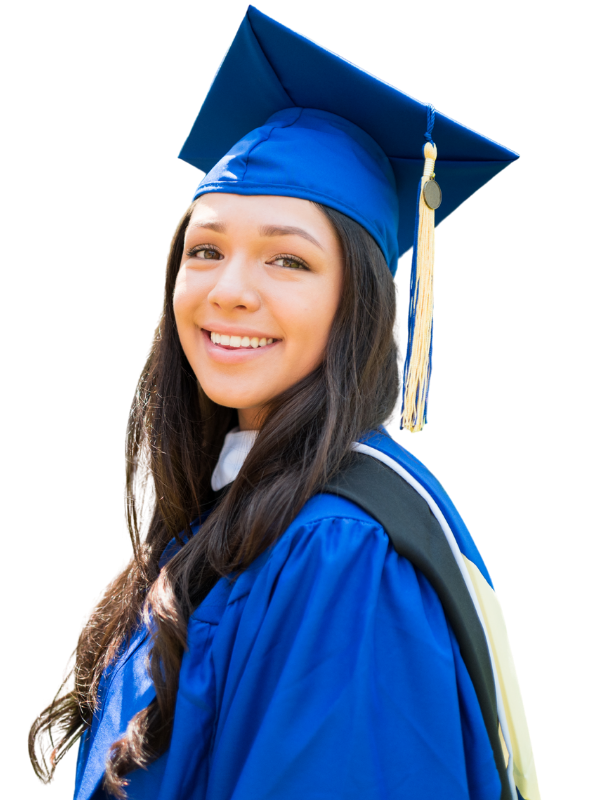 Graduation gown and cap, proud moment.