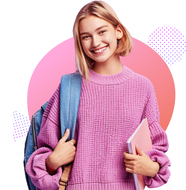 Person in pink sweater holding notebook